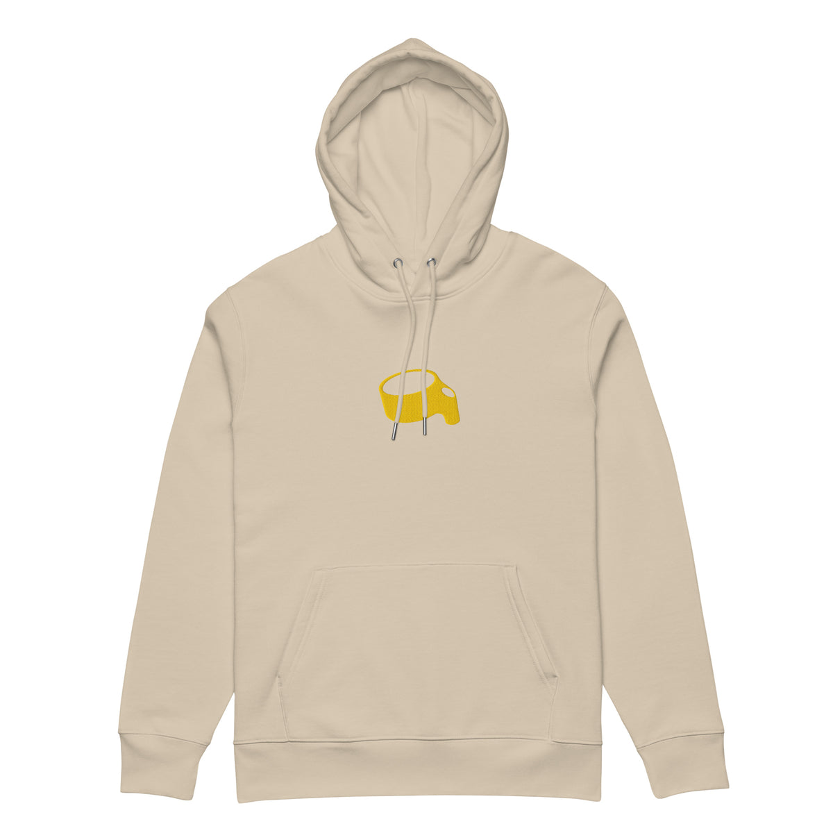 Zandkleurige hoodie met een kleine gele korf op de borst, vooraanzicht