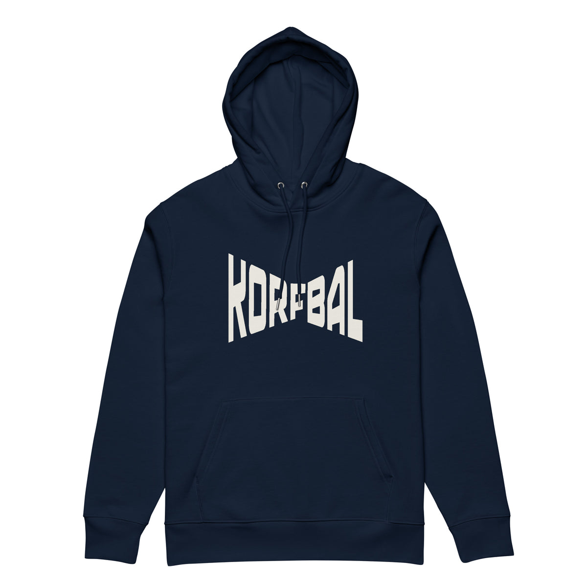 Donkerblauwe hoodie met KORFBAL in brede witte blokletters over de borst