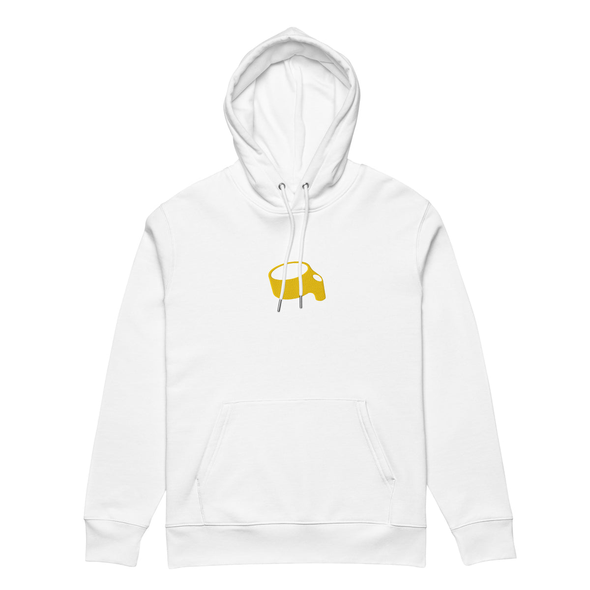 Witte hoodie met een kleine gele korf op de borst, vooraanzicht