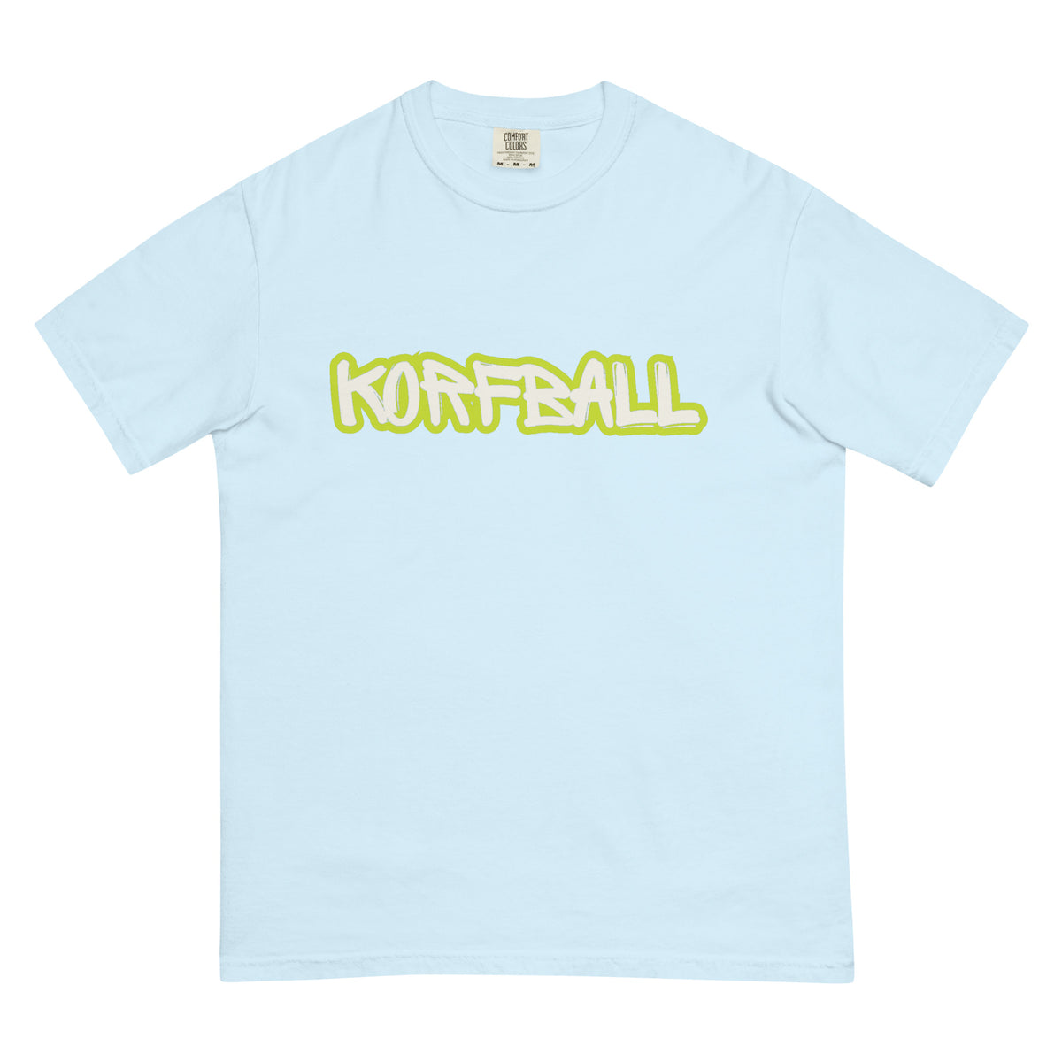 T-shirt in lichtblauw (Chambray) met KORFBALL in witte handgeschreven letters met een limegroene rand