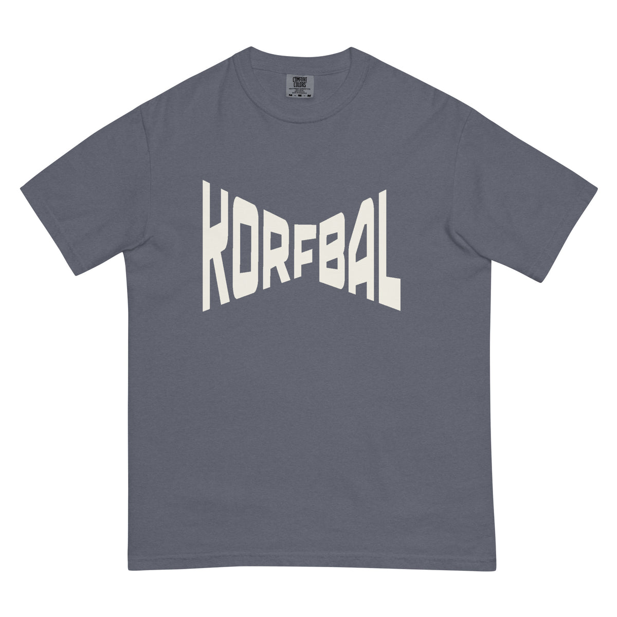 T-shirt in grijsblauw (Denim) met KORFBAL in brede witte blokletters over de borst