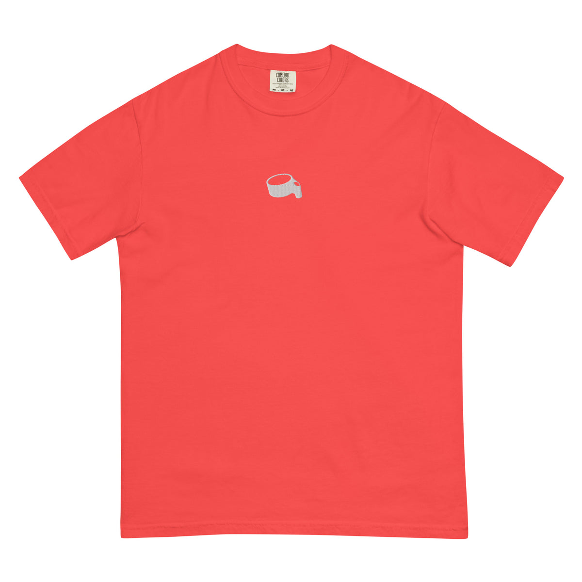 T-shirt in koraalrood (Paprika) met een kleine lichtgrijze korf op de borst