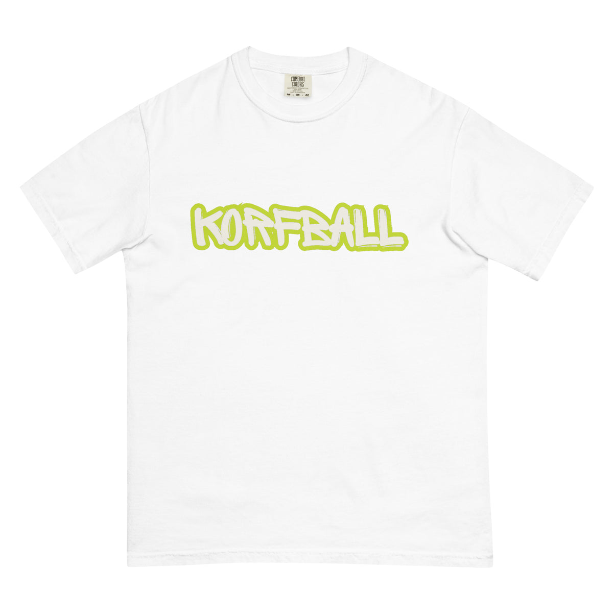 Wit t-shirt met KORFBALL in handgeschreven letters met een limegroene rand