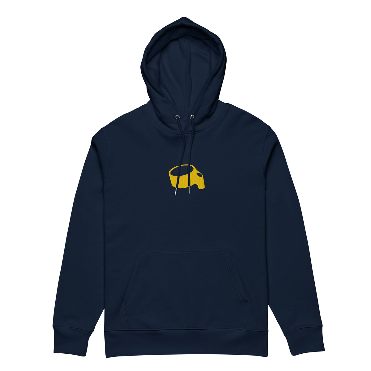 Donkerblauwe hoodie met een kleine gele korf op de borst, vooraanzicht