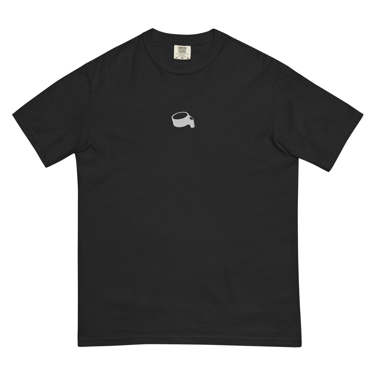 T-shirt in zwart met een kleine lichtgrijze korf op de borst