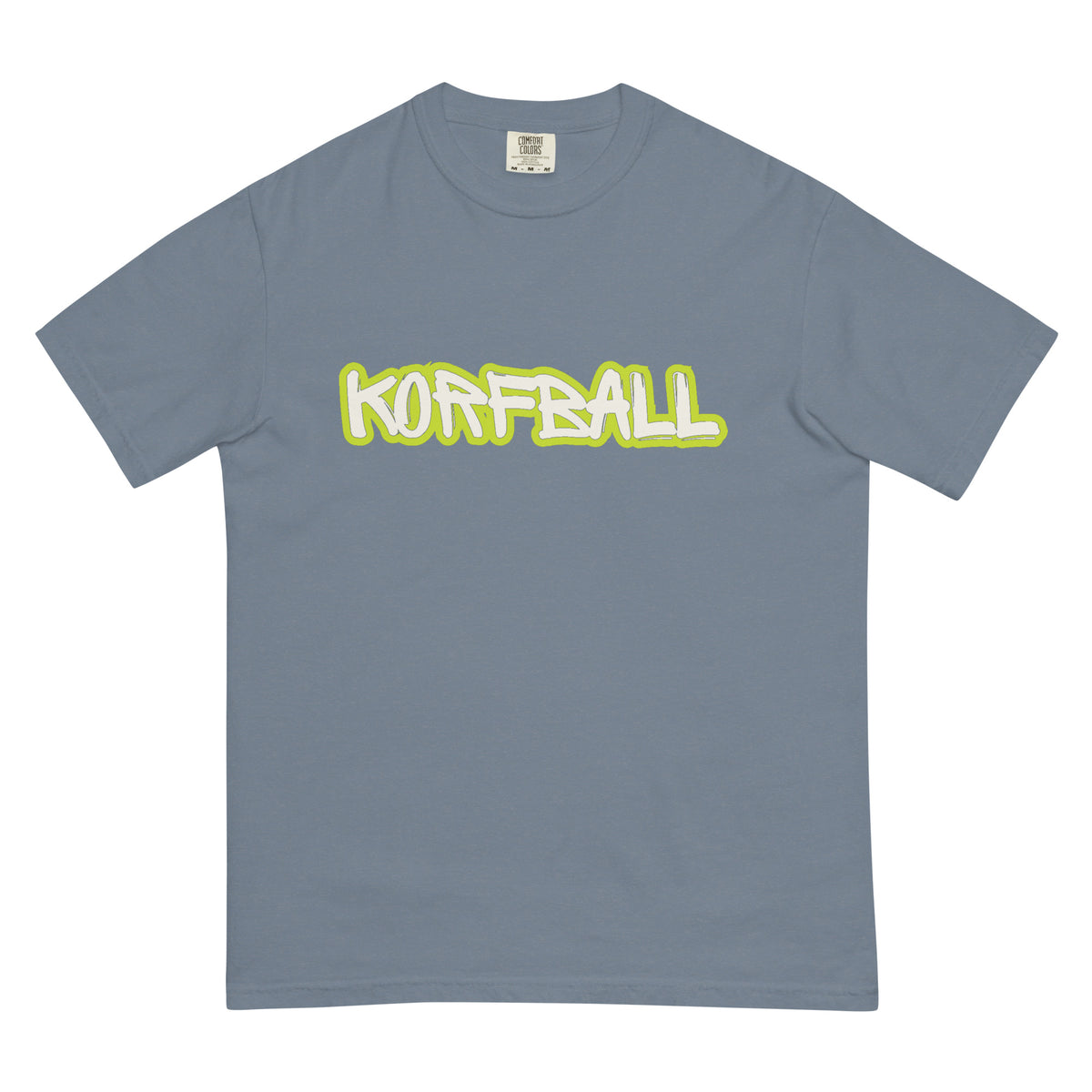 T-shirt in lichtgrijsblauw (Blue Jean) met KORFBALL in witte handgeschreven letters met een limegroene rand