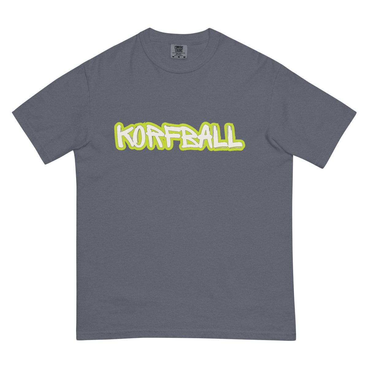 T-shirt in grijsblauw (Denim) met KORFBALL in witte handgeschreven letters met een limegroene rand