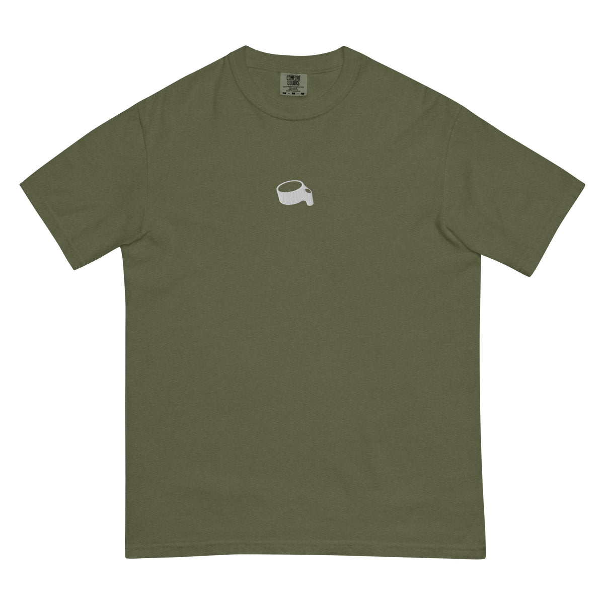 T-shirt in olijfgroen (Hemp) met een kleine lichtgrijze korf op de borst