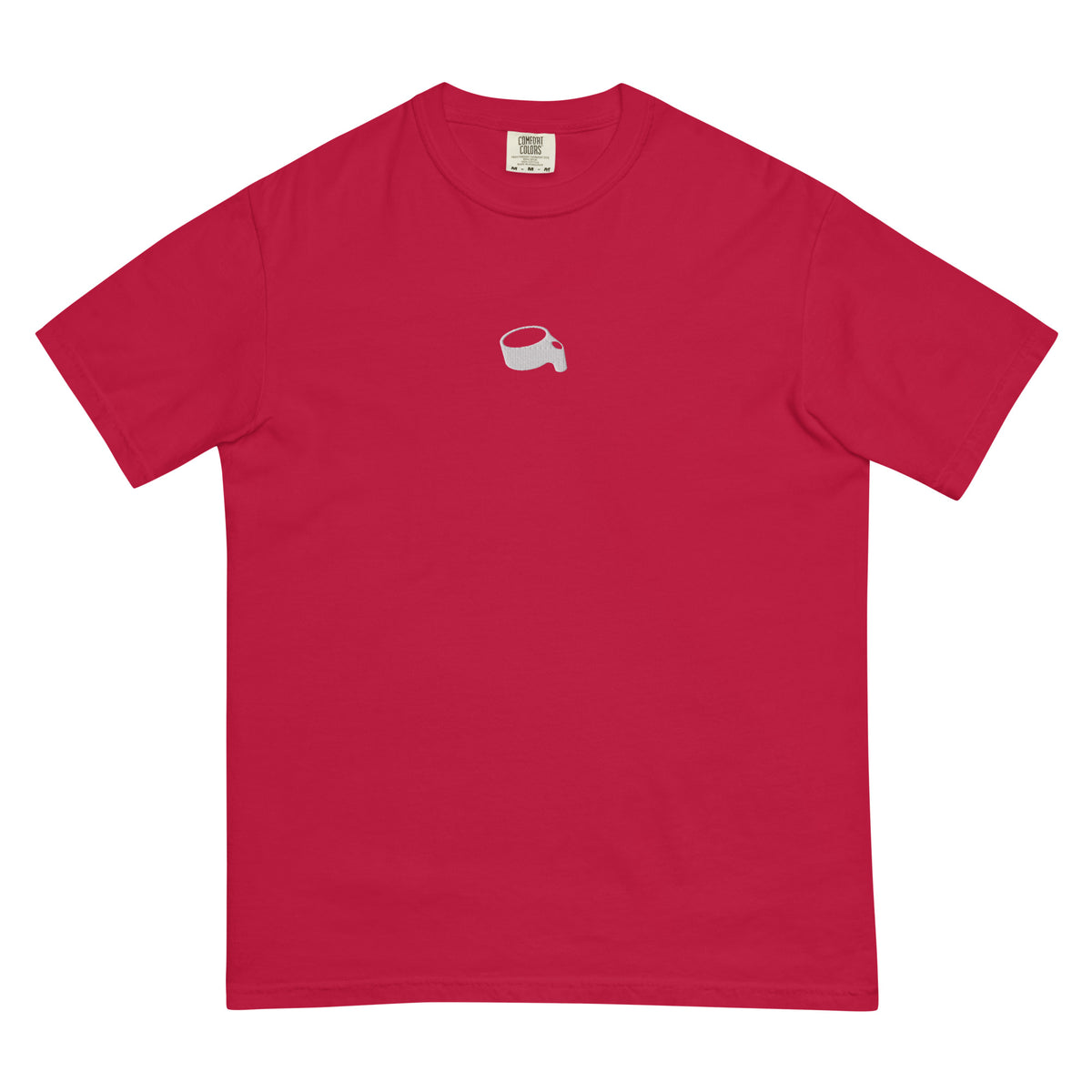 T-shirt in rood met een kleine lichtgrijze korf op de borst