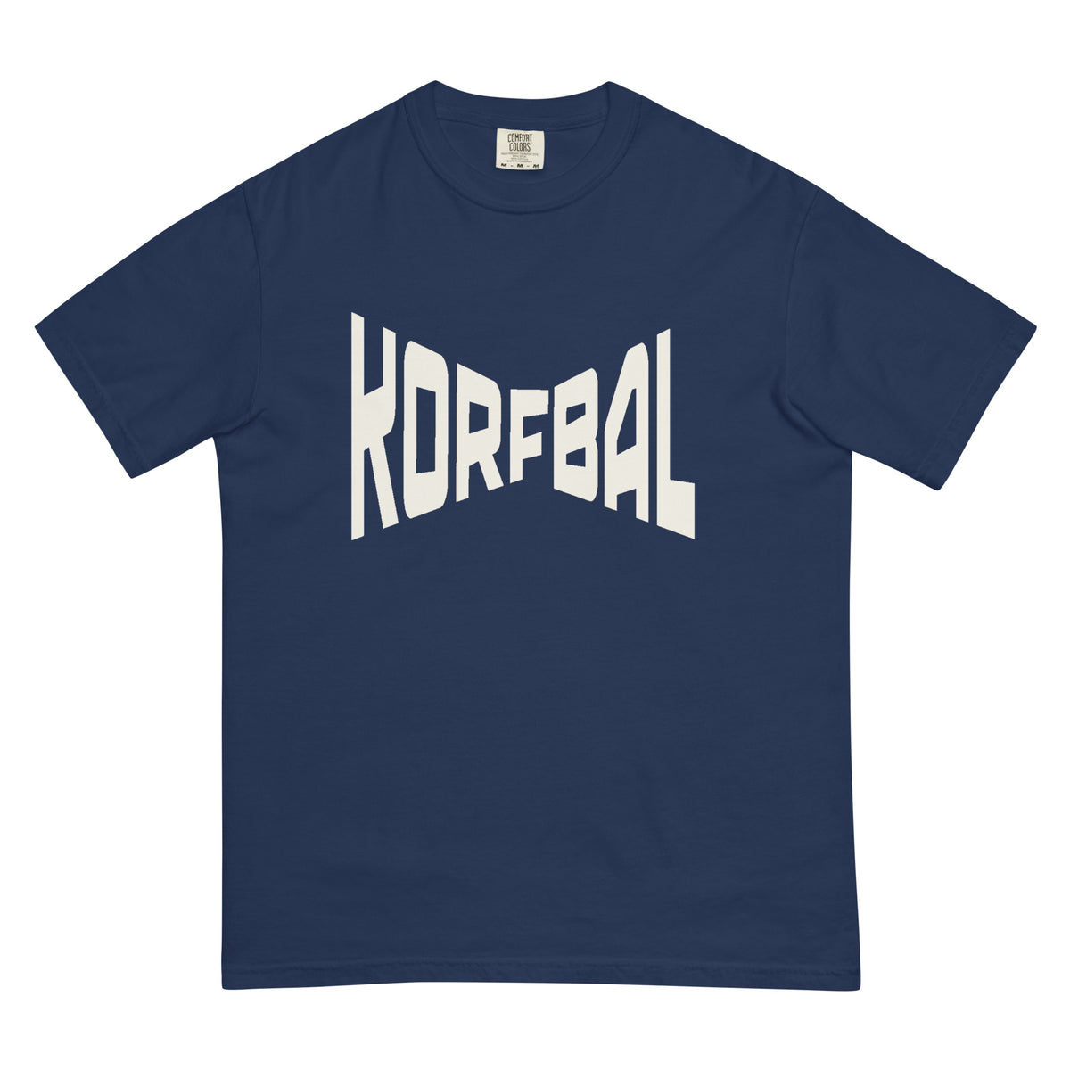 T-shirt in donkerblauw met KORFBAL in brede witte blokletters over de borst