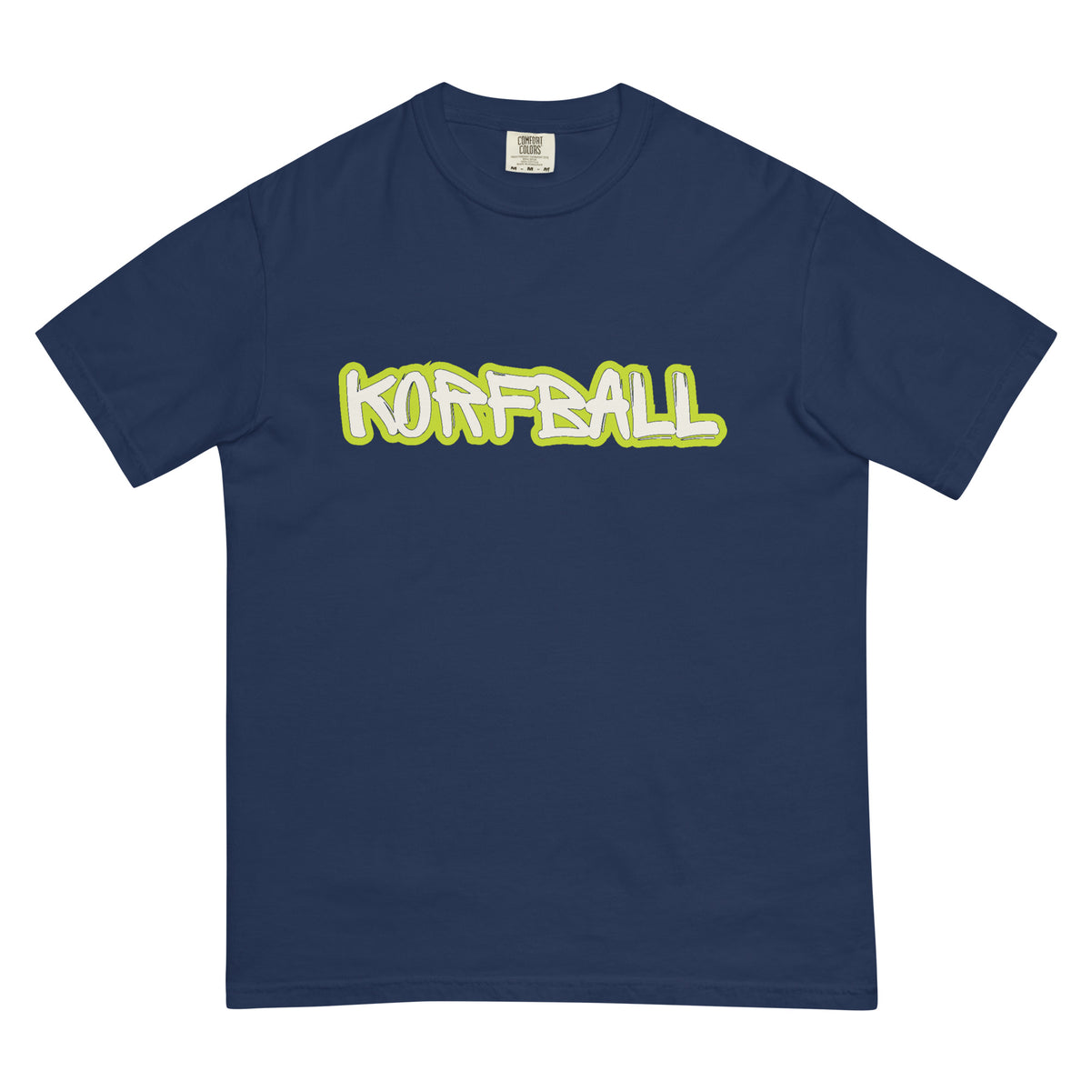 T-shirt in donkerblauw met KORFBALL in witte handgeschreven letters met een limegroene rand