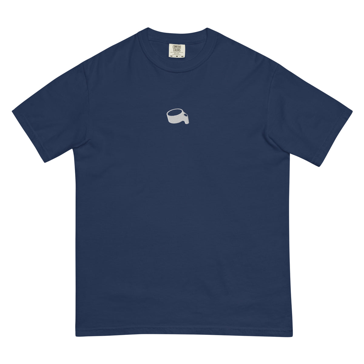 T-shirt in donkerblauw met een kleine lichtgrijze korf op de borst